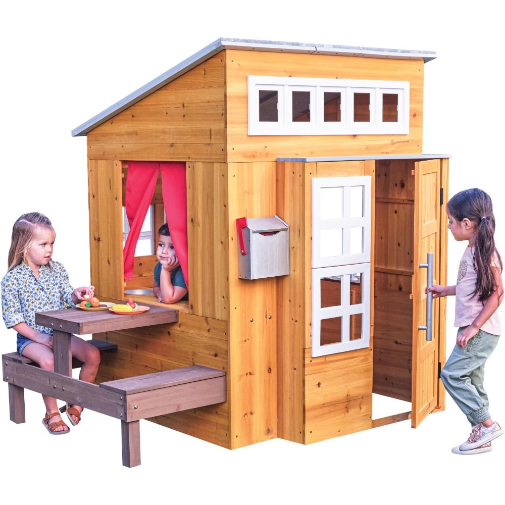 Kids Outdoor Wooden Table - Modern Outdoor Wooden Playhouse Set for